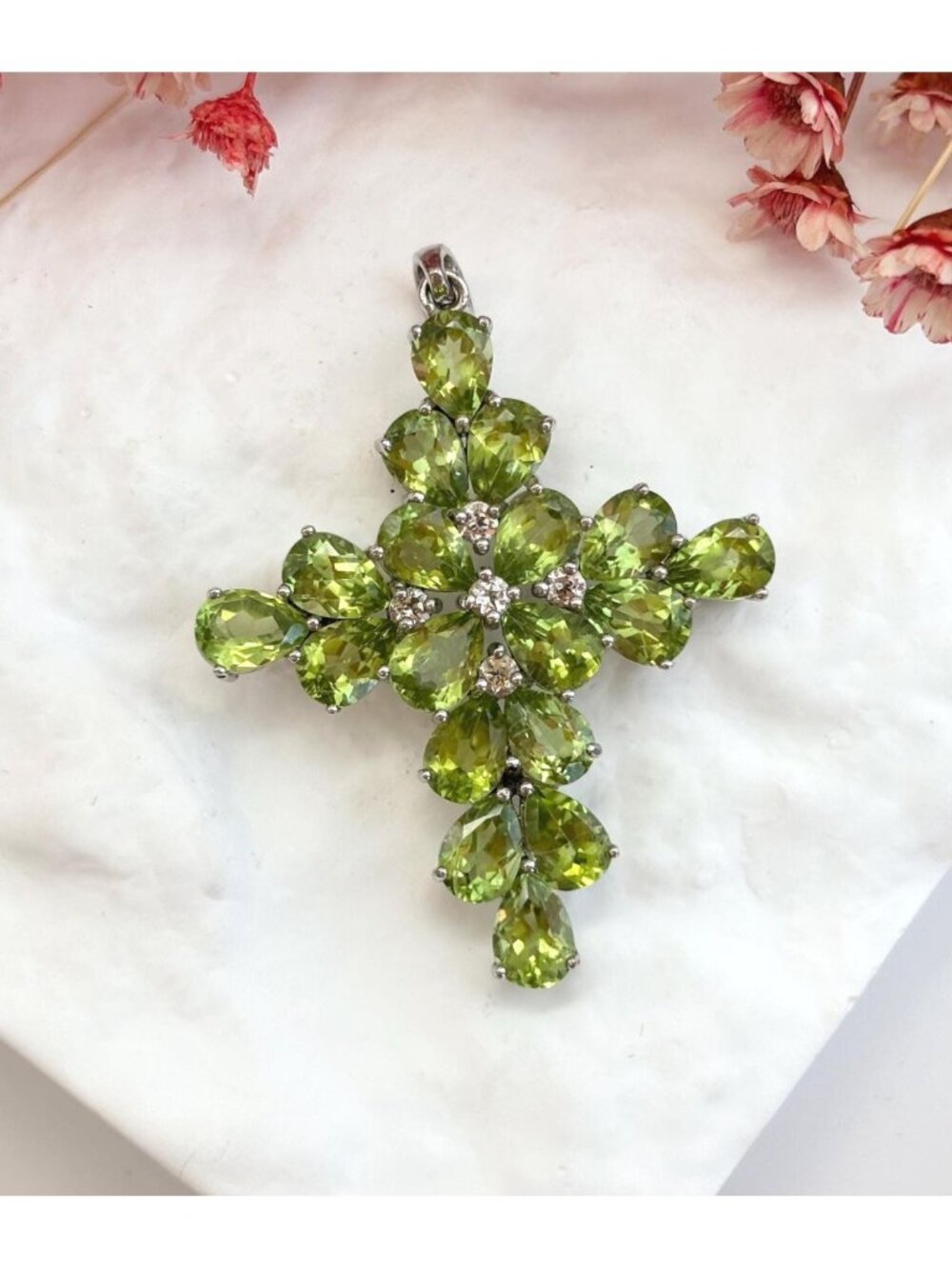 Cross Shaped Green Peridot Cluster Gemstone Sterling Silver Vintage 925 Pendant